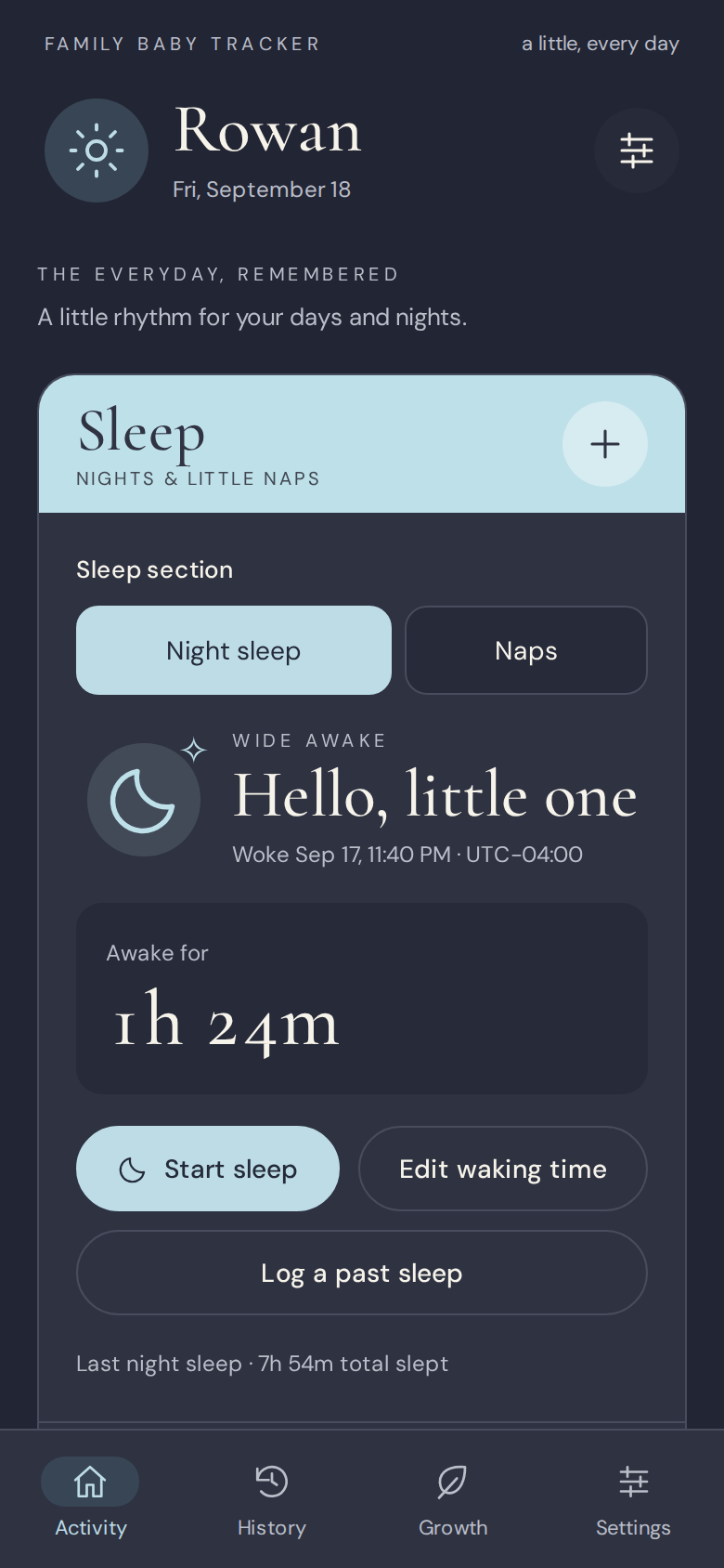 The same Activity view in the dark theme: deep navy background with light text and the sleep controls unchanged.