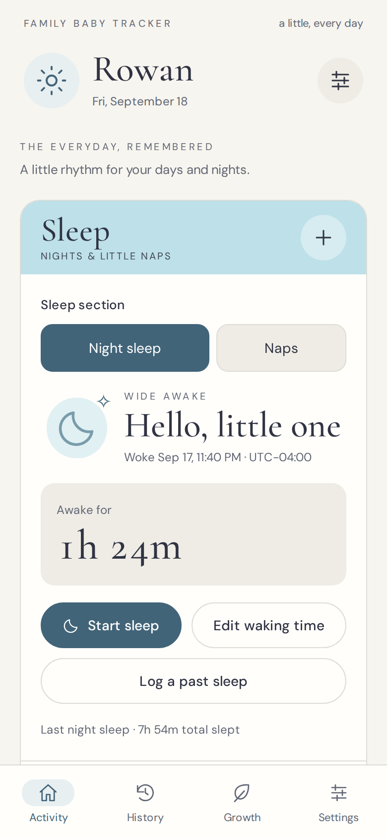 Phone screen of the baby tracker’s Activity view showing a sleep section with a running awake time, start-sleep and edit-waking-time buttons, and last night’s total sleep. Development preview with example records.