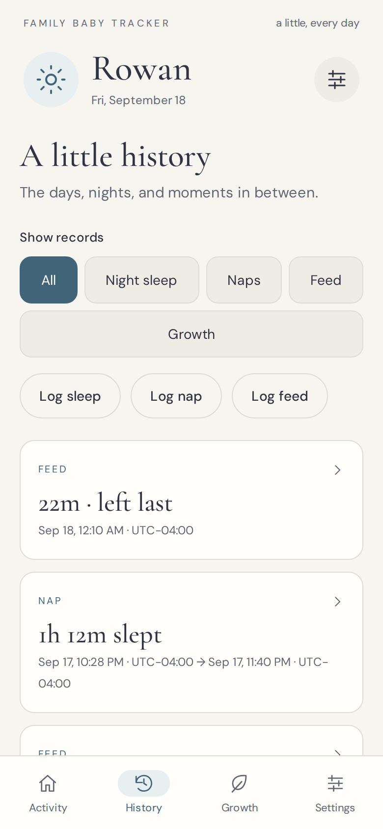 History view: filters for night sleep, naps, feeds, and growth, with recent records — a 22-minute feed ending on the left side and a nap of 1 hour 12 minutes with exact times.