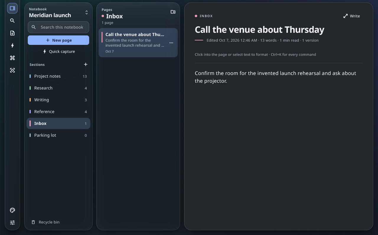 Design preview of the workspace in its dark theme, filled with invented example content: a notebook’s list of sections with Inbox selected, the one page in that section, and the page open beside them with a short sample note.